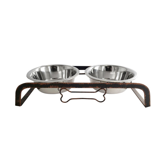 Rustic Dog Bone Feeder with 2 Stainless Steel Dog Bowls-0