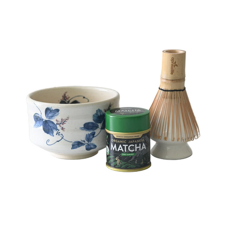 White Clay Kudzu Flowers Matcha Bowl - Japanese Ceremonial Tea Set - Sumiye Co