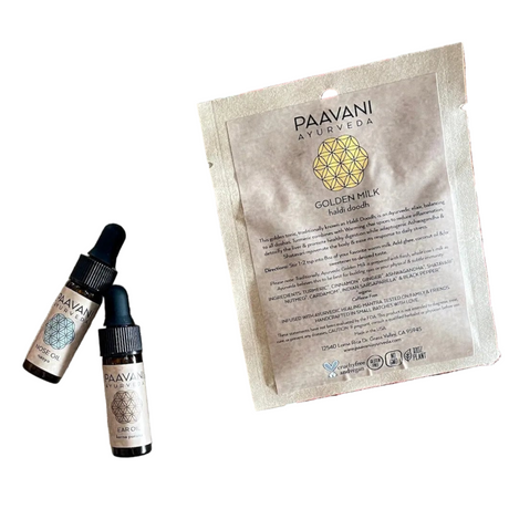 Two skincare bottles and a pouch with 'Paavani' branding on a white background