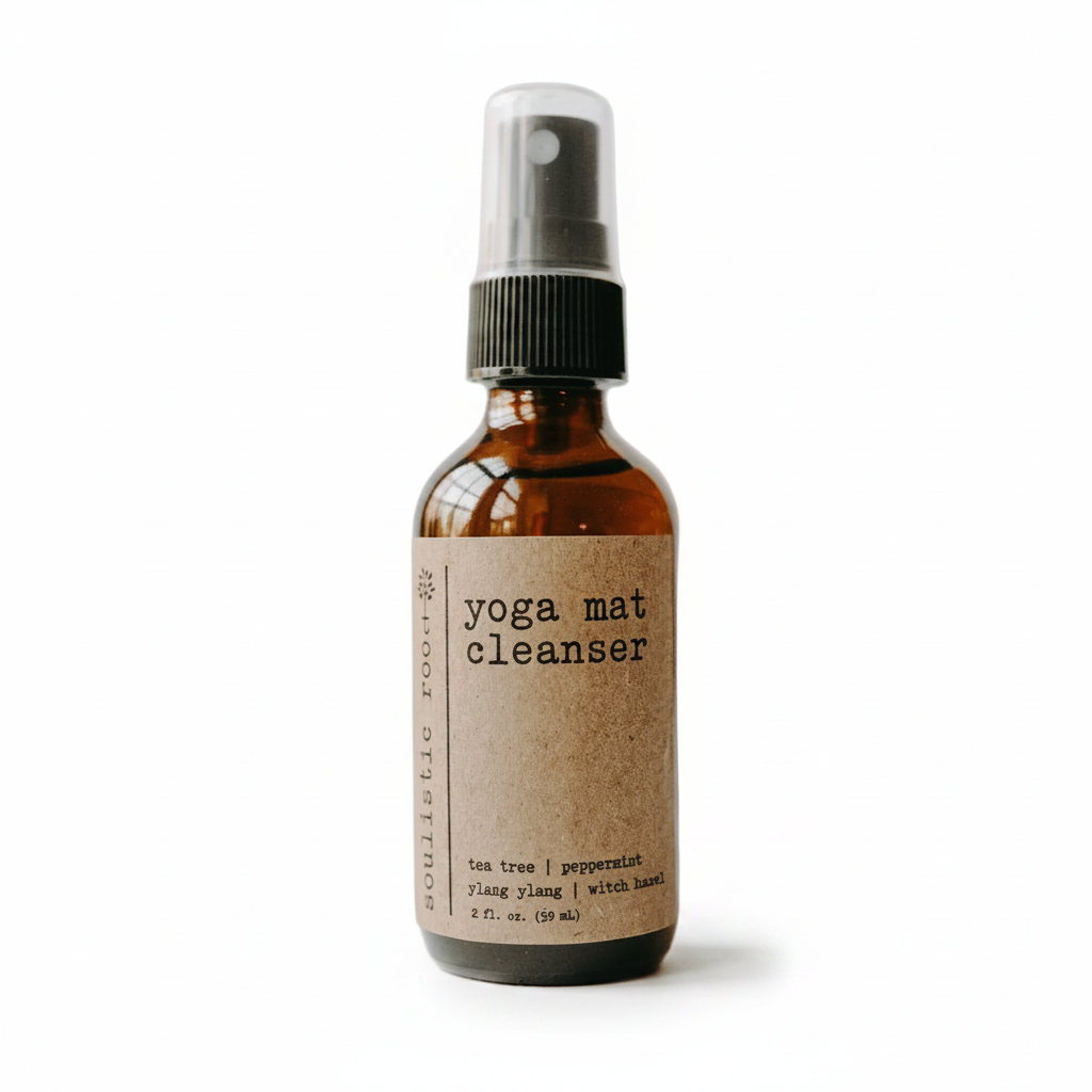 Yoga mat cleanser spray bottle with a brown label on a white background