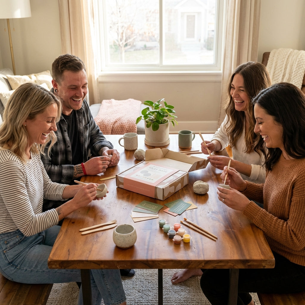 Four people enjoying a pottery-making activity together in a cozy living room.