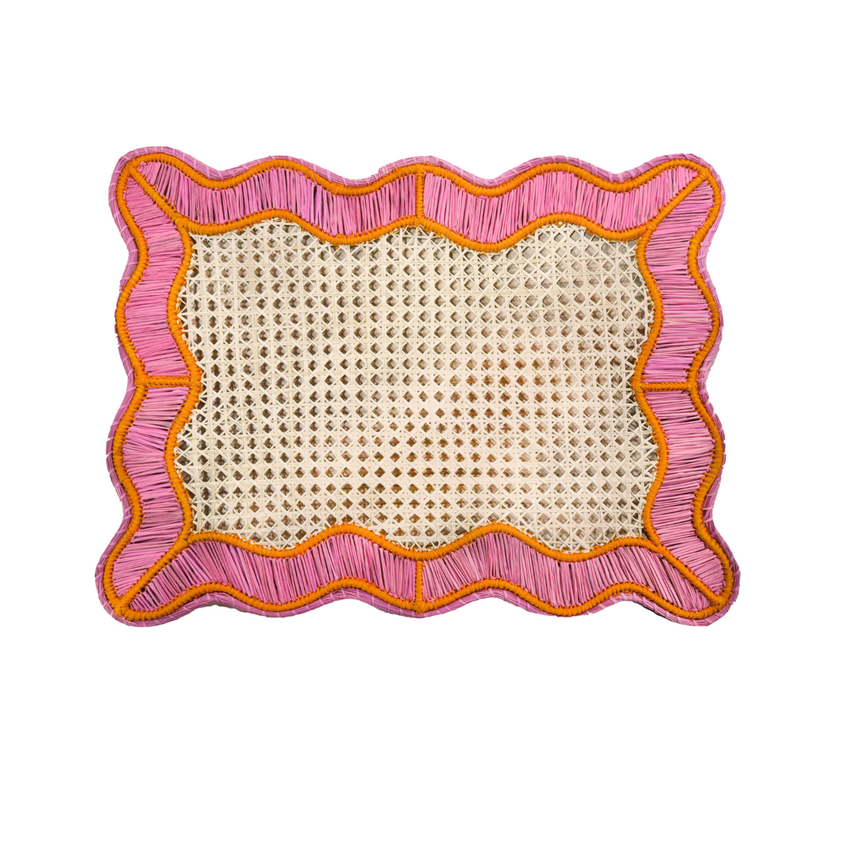 Rectangular woven placemat with pink and orange scalloped edge on a white background