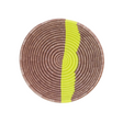 Round woven basket with brown and yellow pattern on a white background