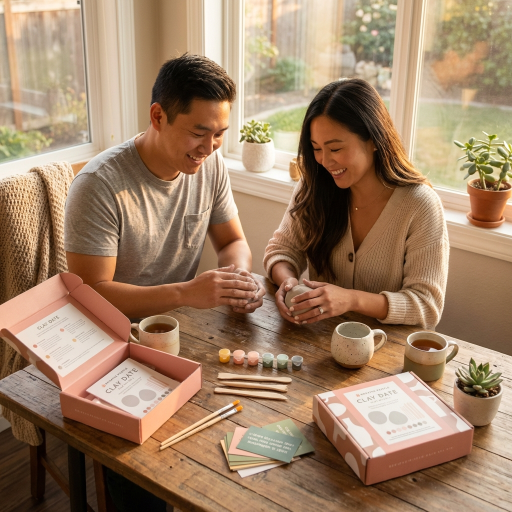 Two people sitting at a table with craft materials and coffee, smiling.