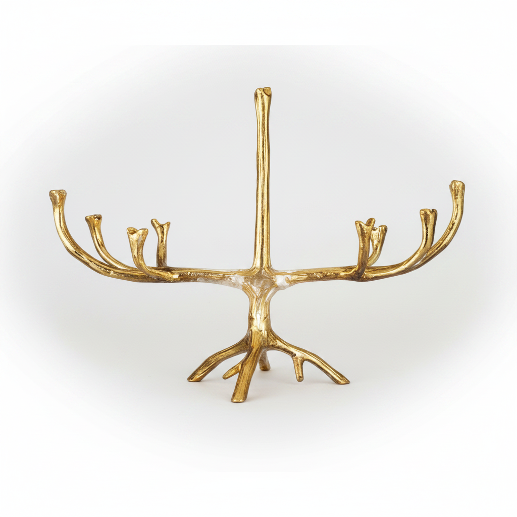 A gold menorah shaped like a stylized tree trunk with branching arms, shown against a plain white background.