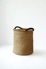 Handwoven Double Weave Pot Basket with Black Leather Handles