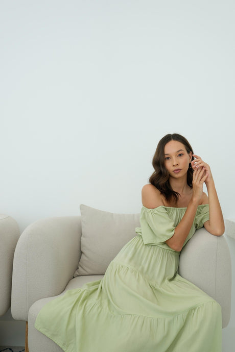 Regina Off-the-shoulder Midi Dress in Pistachio - Sumiye Co