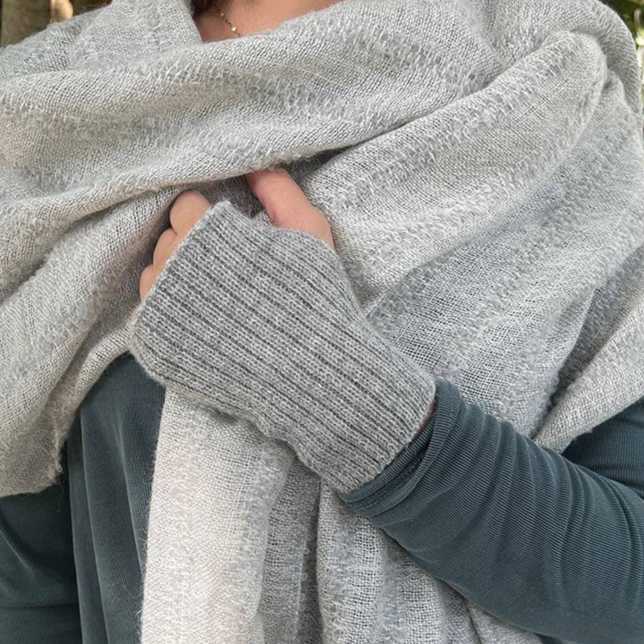 Gray Knit Alpaca Beanie & Fingerless Gloves