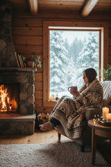 Person sitting in a cozy cabin by a fireplace, wrapped in a blanket with a snowy forest view.