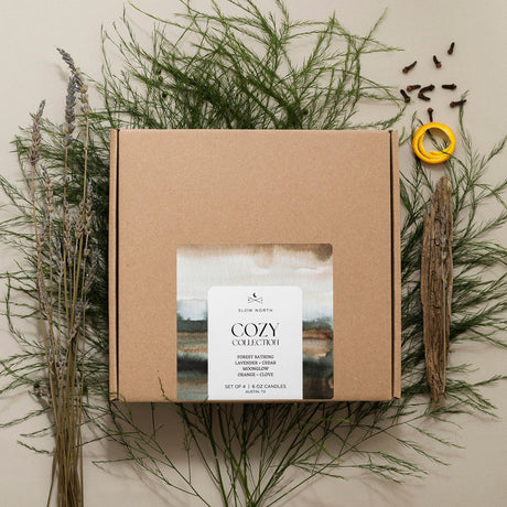Box of 'Cozy Collection' candles with natural elements on a neutral background