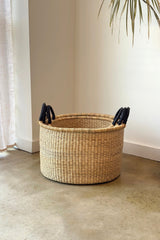 S/3 Handwoven Short Hampers with Leather Handles - Natural - Sumiye Co