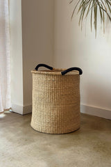 Handwoven Double Weave Pot Basket with Black Leather Handles