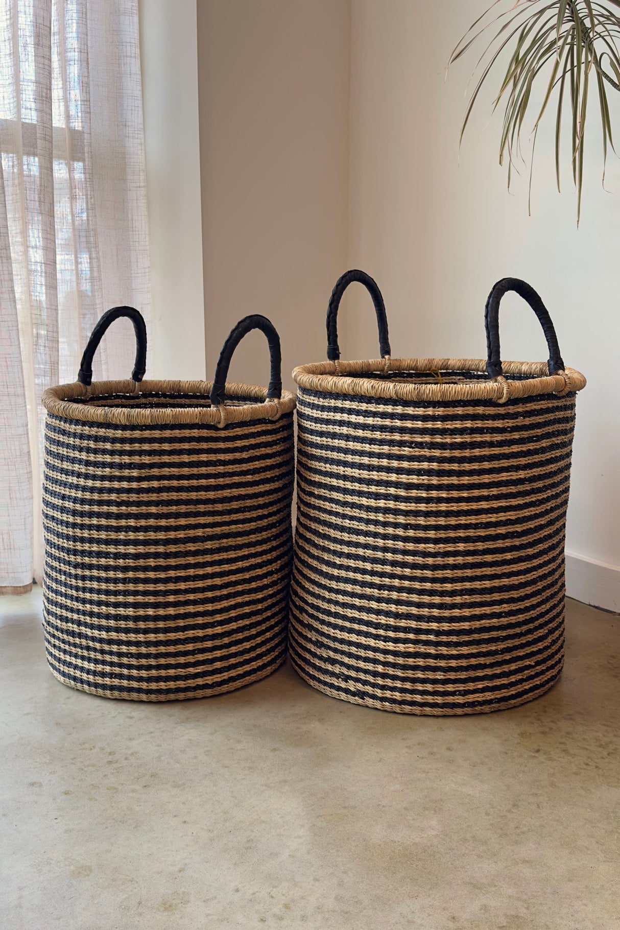 S/2 Handwoven Hamper - Natural with Black Stripes - Sumiye Co