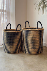 S/2 Handwoven Hamper - Natural with Black Stripes - Sumiye Co