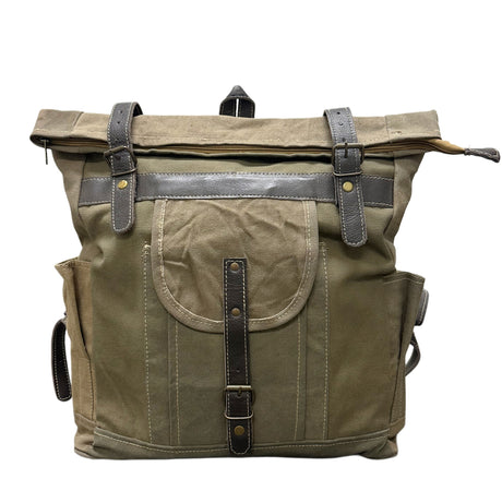 Green backpack with leather straps on a white background