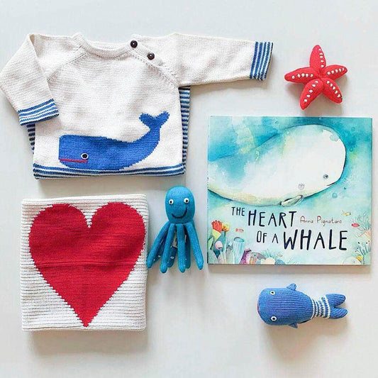 Baby Gift Set - Handmade Whale Long Romper, Heart Lovey, Sea Rattles and Whale Book by Estella