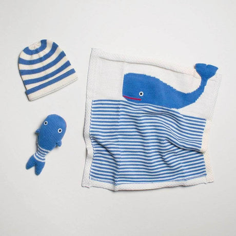 Organic Baby Gift Set - Handmade Lovey Blanket, Rattle Toy & Hat | Whale by Estella - Sumiye Co