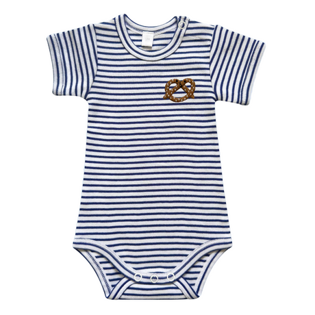 Blue and white striped baby onesie with a pretzel design on a white background