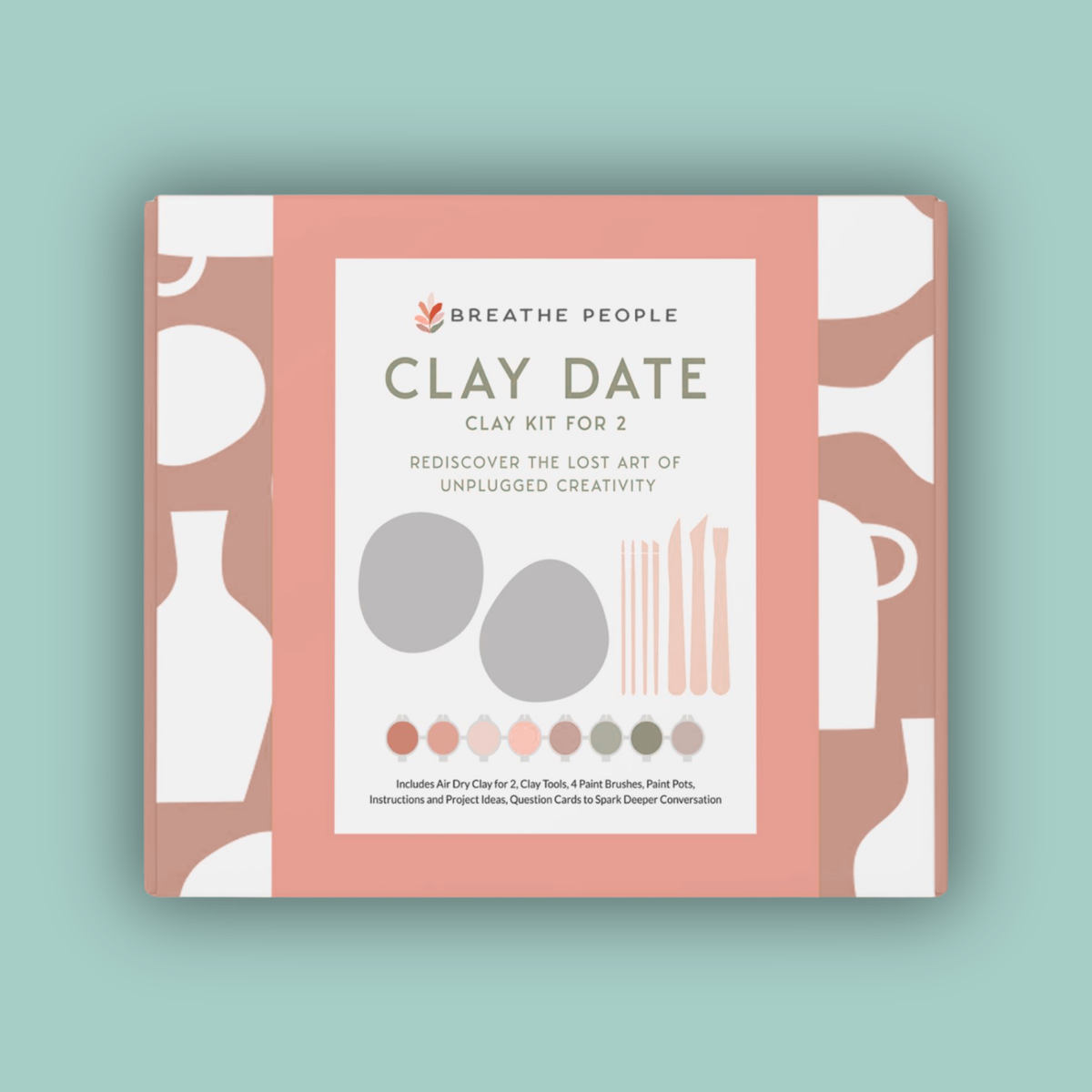 Clay kit packaging for two on a light green background