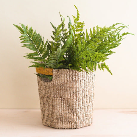 Baskets - Natural Octagon Basket with Mustard Handle - Handwoven Bin | LIKHÂ - LIKHÂ