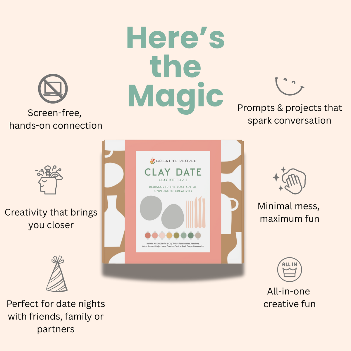 Clay kit packaging with text highlighting its features on a white background