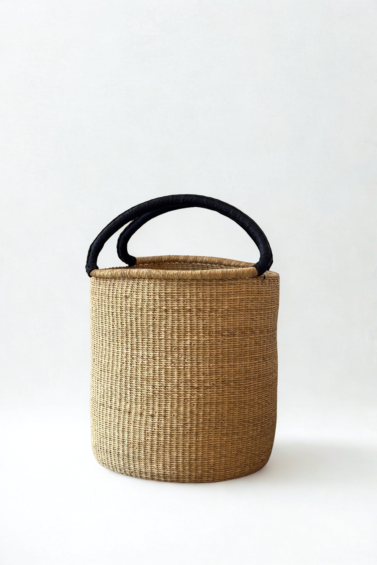 Handwoven Double Weave Hamper Basket with Black Leather Handles