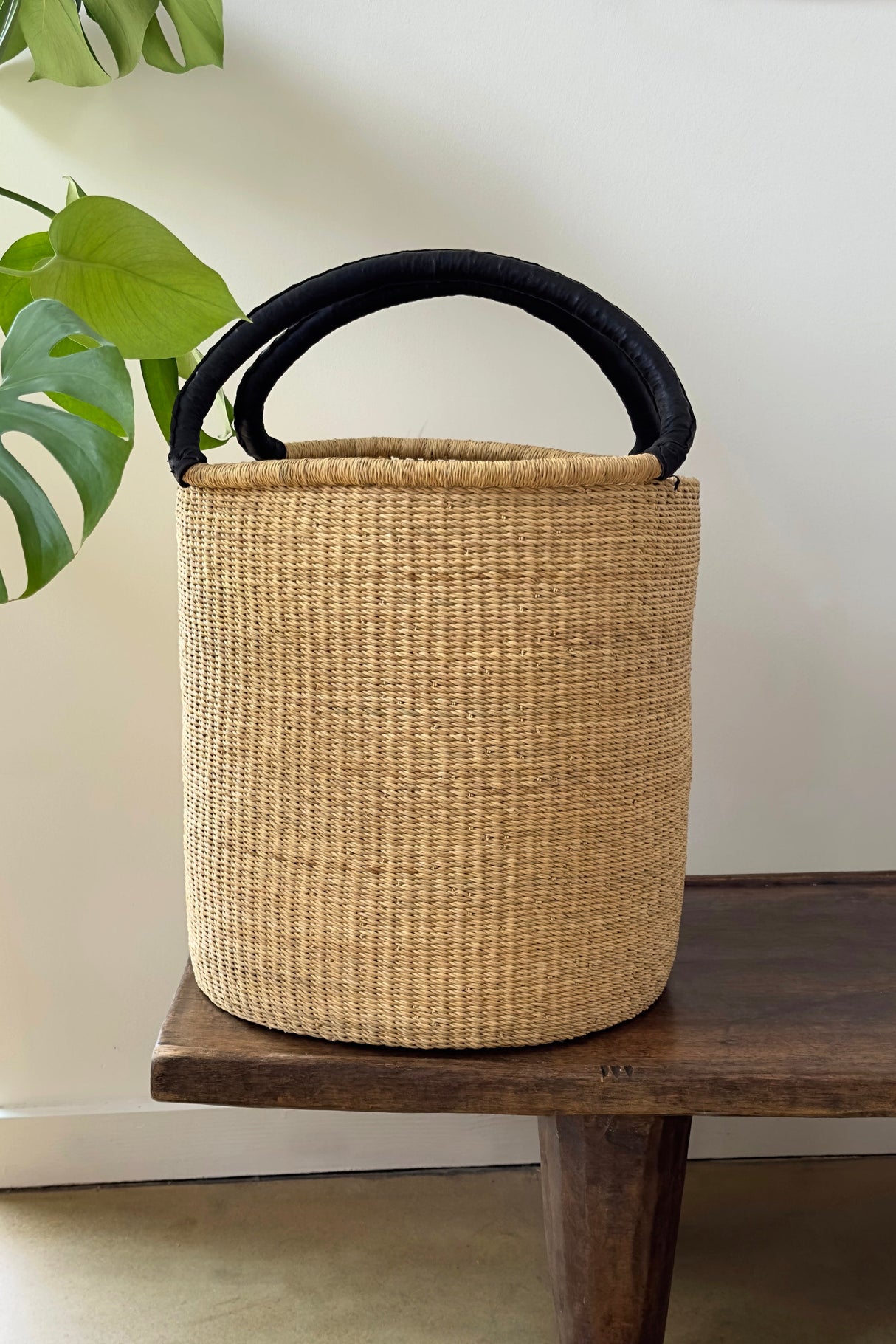 Handwoven Double Weave Hamper Basket with Black Leather Handles