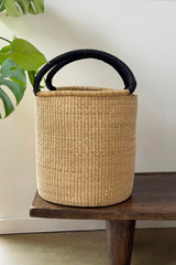 Handwoven Double Weave Hamper Basket with Black Leather Handles