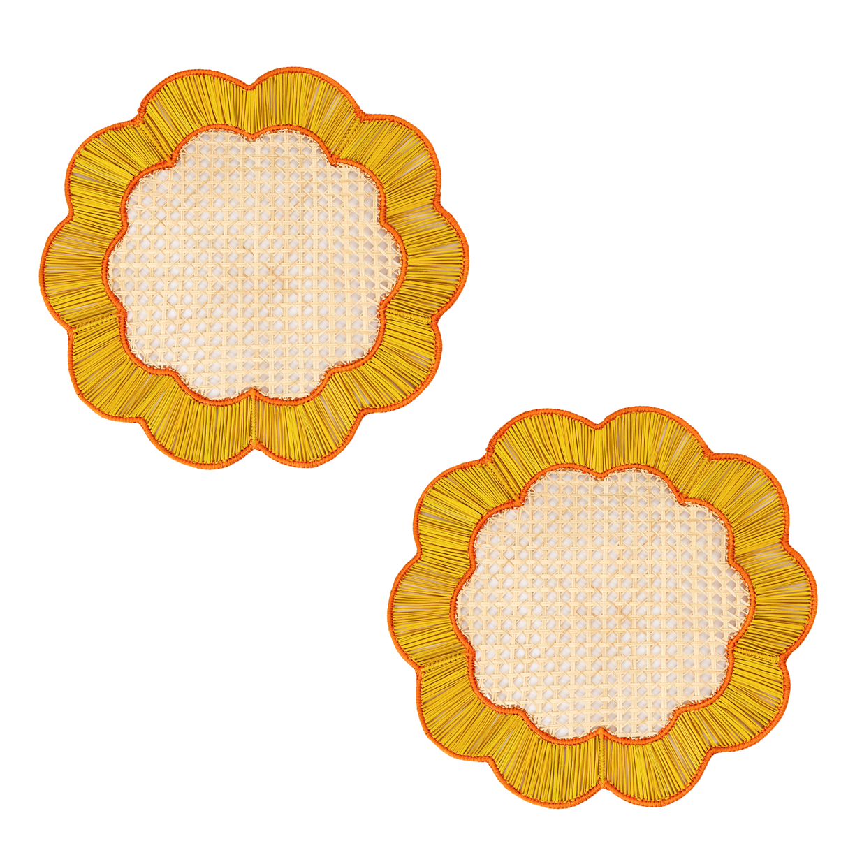 Two decorative plates with yellow rims on a white background