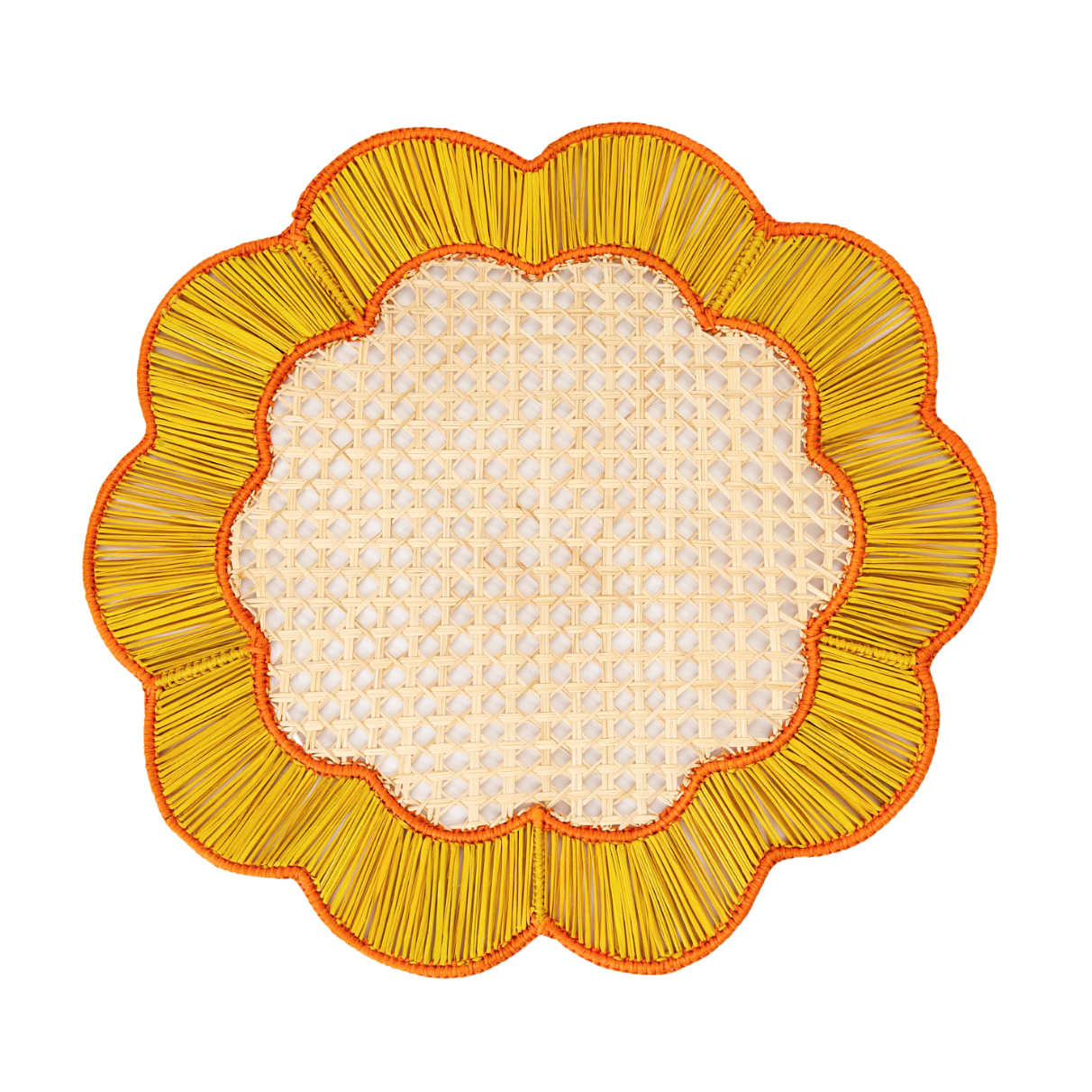 Round woven placemat with yellow rim on a white background