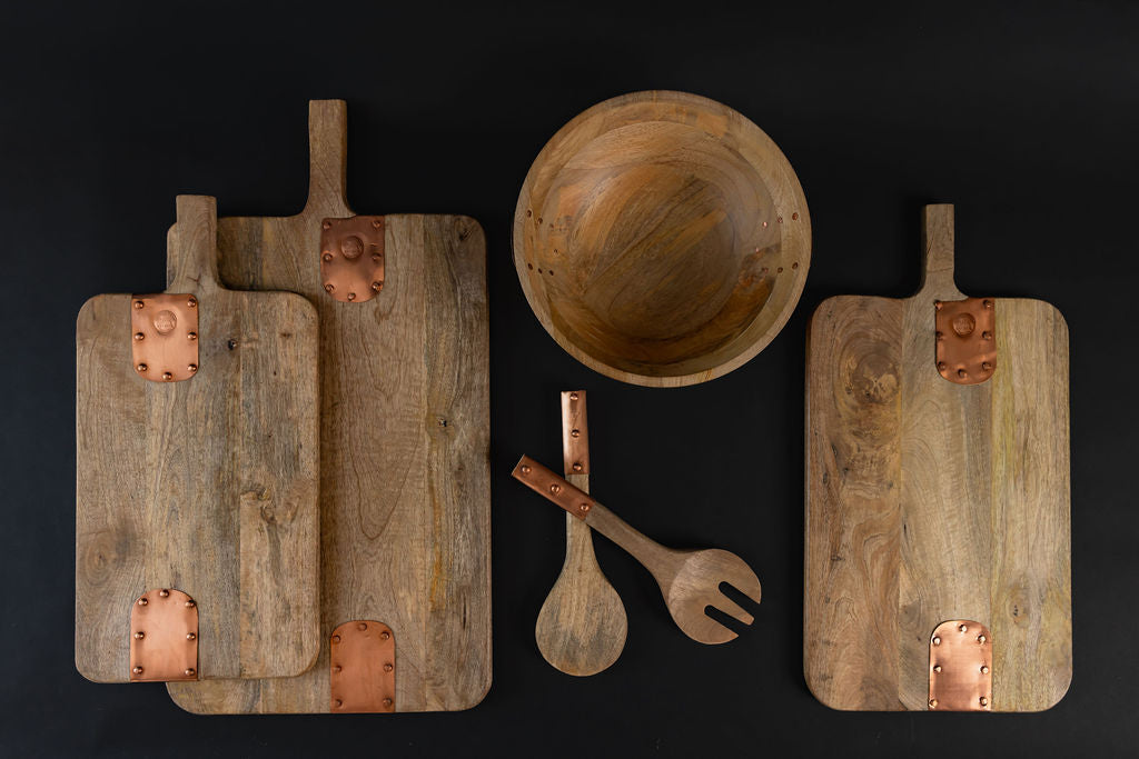 Vintage Inspired Wood Serving Utensils with Copper Strap Handles