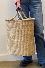Handwoven Double Weave Pot Basket with Black Leather Handle