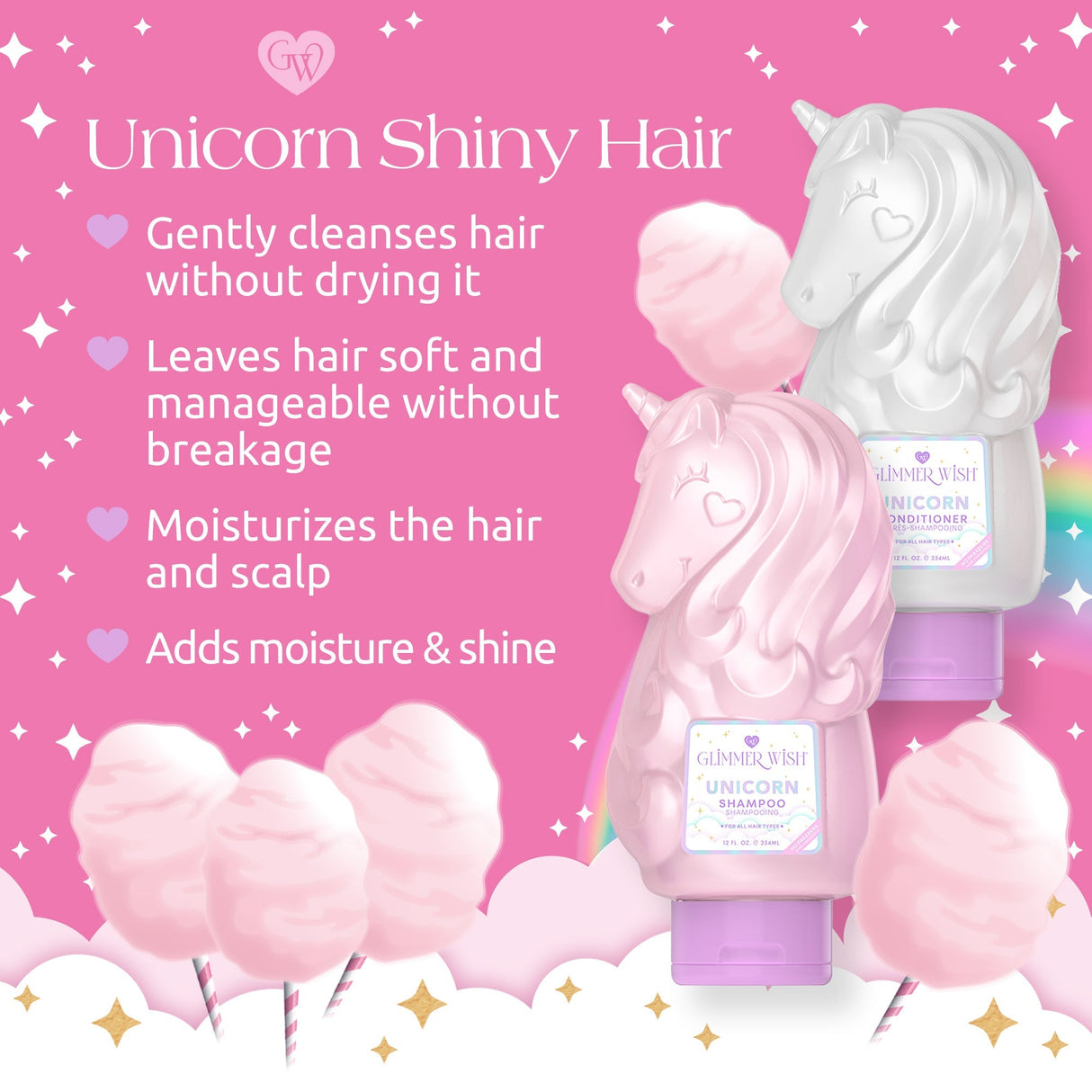 Unicorn-themed shampoo and conditioner bottles on a pink background with product features listed.