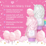 Unicorn-themed shampoo and conditioner bottles on a pink background with product features listed.