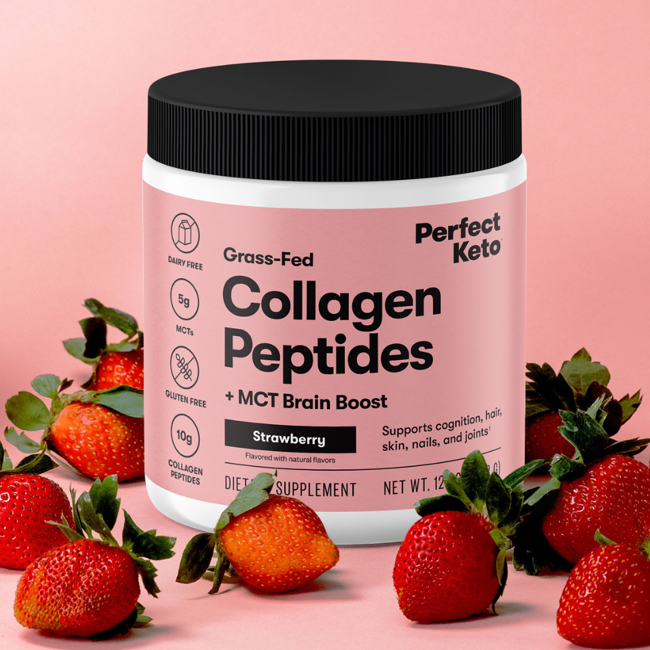 Perfect Keto collagen peptides container with strawberries on a pink background
