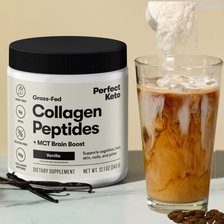 Jar of Perfect Keto Collagen Peptides next to a glass of iced coffee with vanilla powder being added.