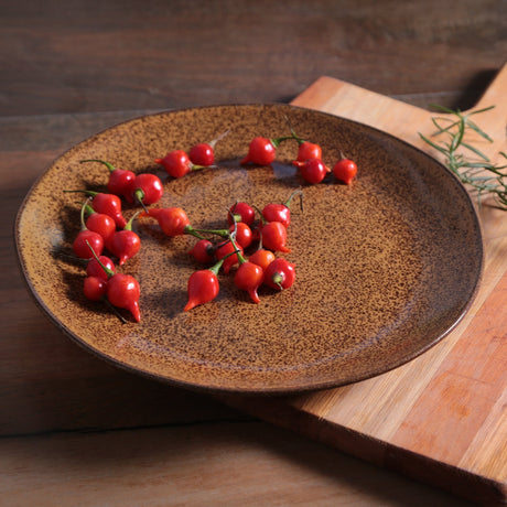Red chili peppers on a textured ceramic plate with a wooden background