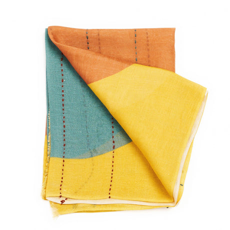 Cirq Sun Yellow Green Circle Pattern Hand Embroidered  Linen Silk Handloom Scarf - Sumiye Co
