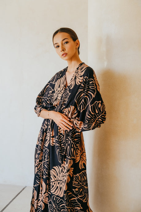 Tropical Palm Leaf Kimono in Black - Sumiye Co