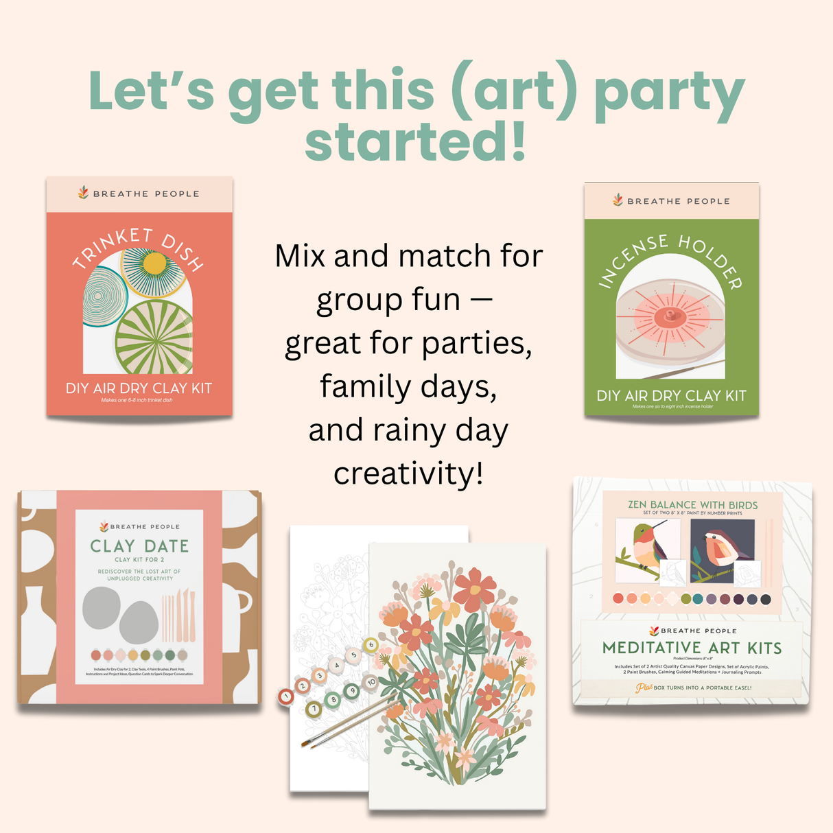 Collection of DIY art kits with text promoting group fun and creativity.