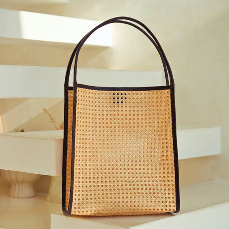 Viviana Oversized Cane and Leather Tote in Dark Brown - Sumiye Co