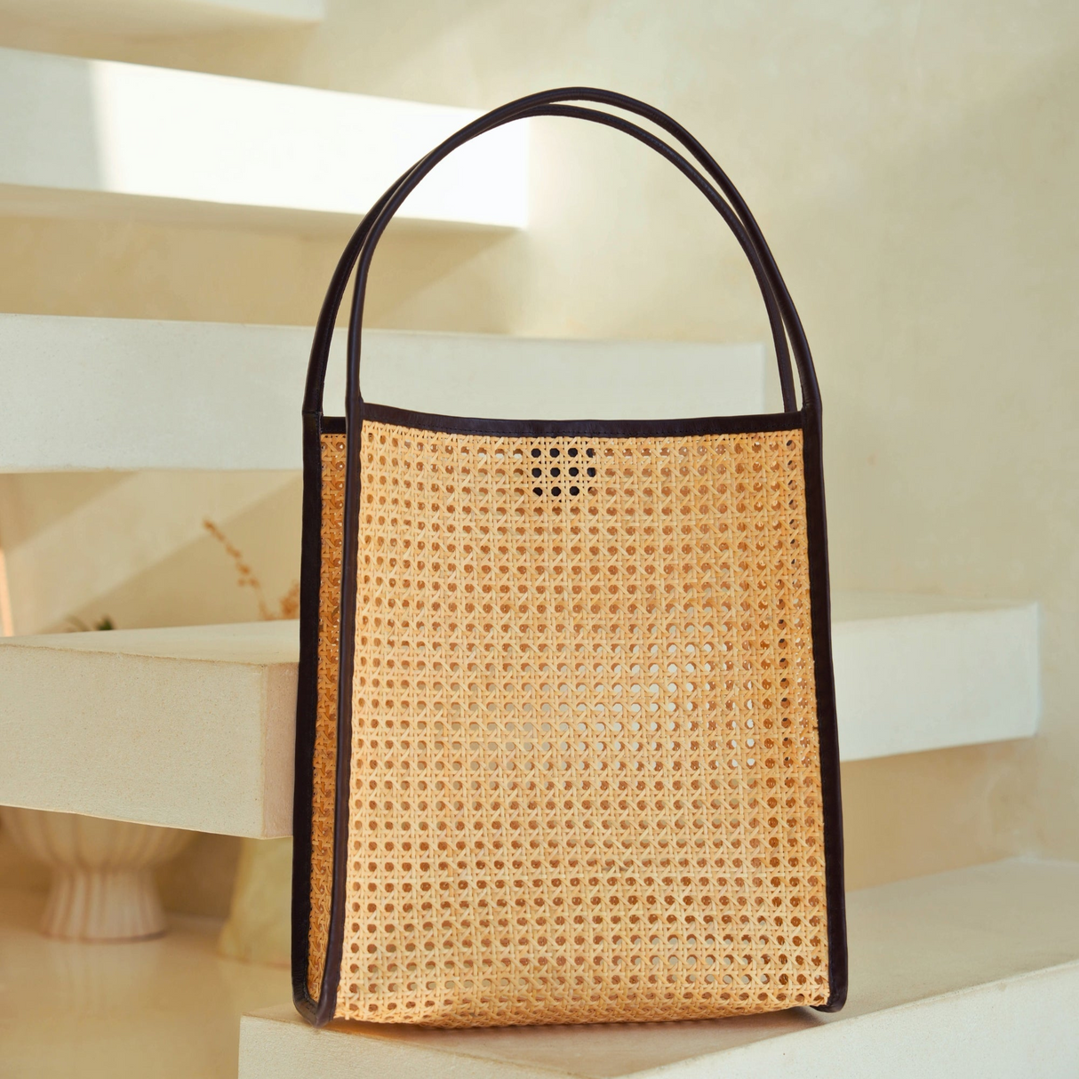 Viviana Oversized Cane and Leather Tote in Dark Brown