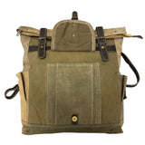 Green backpack with brown straps on a white background