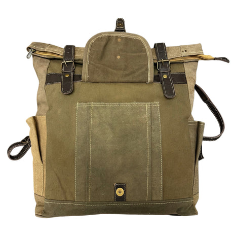 Green backpack with brown straps on a white background