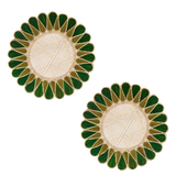 Pair of round placemats with green and gold detailing on a white background