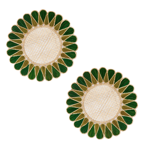 Pair of round placemats with green and gold detailing on a white background