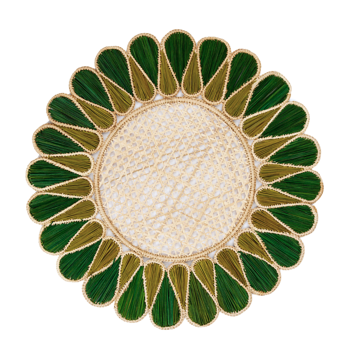 Decorative round mat with green and gold边缘 on a white background
