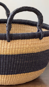 Handwoven Natural & Black Stripe Bolga Basket - Large Round
