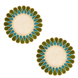 Pair of round placemats with green and blue floral patterns on a white background