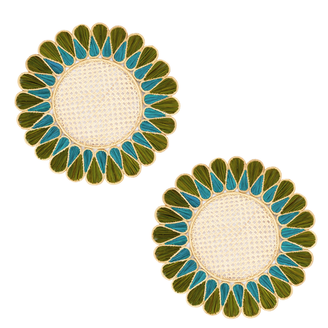 Pair of round placemats with green and blue floral patterns on a white background